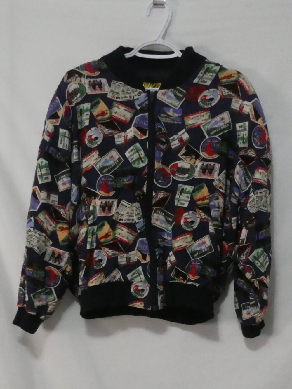 Vintage NUKO COLLECTION All-Over Travel Sticker Print Bomber Jacket - 14, 12-14
